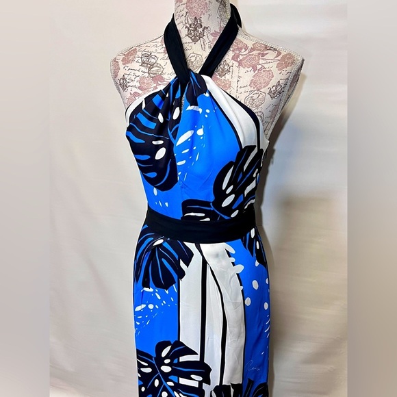 REISS ERIN Royal blue and white palm print halter neck maxi dress size 2. - Picture 4 of 13
